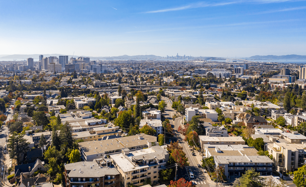 Aerial view of urban and more suburban housing in California