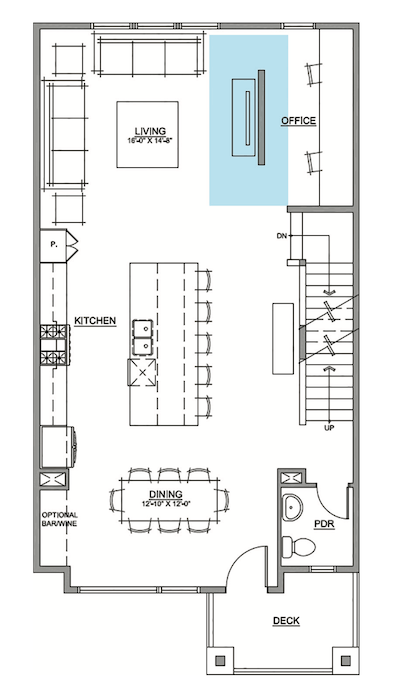 Floor plan in a 2023 BALA-winning townhouse designed by DTJ Design and built by Toll Brothers. 