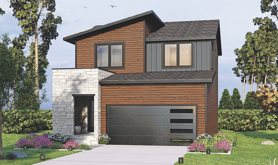 Front elevation of The Southwood detached starter home designed by TK Design & Associates