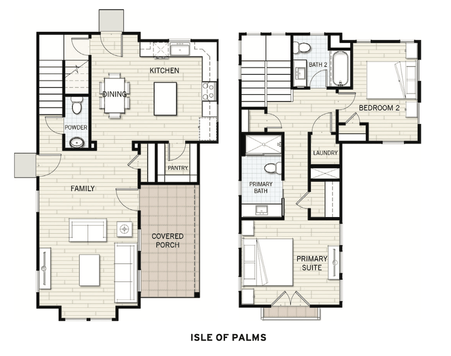 Isle of Palms detached starter home floor plan in the Indigo Cottages community.
