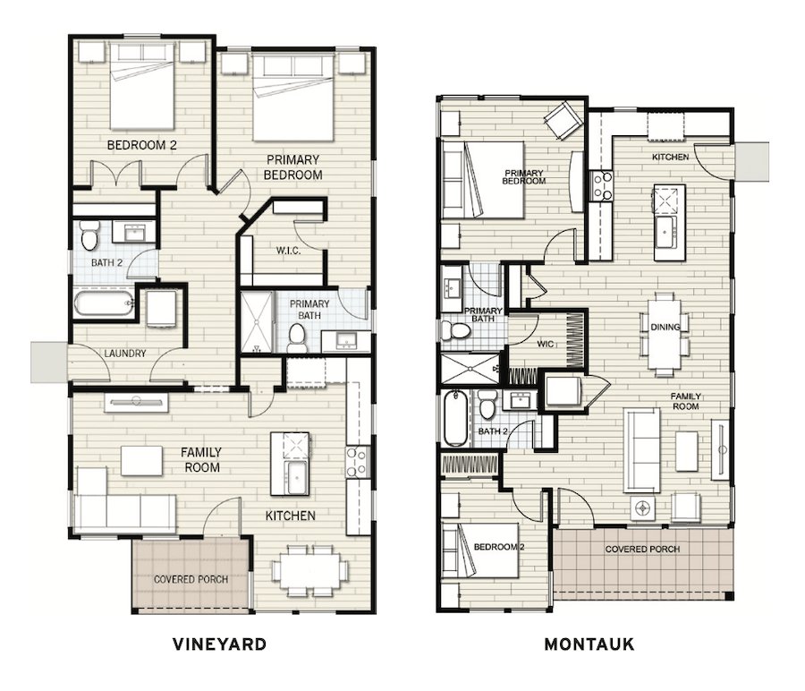 Vineyard (left) and Montauk (right) detached starter home floor plans in the Indigo Cottages community.