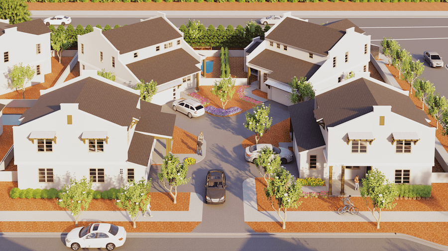 Aerial view of group of four detached starter homes designed by Dawn Michele Evans 