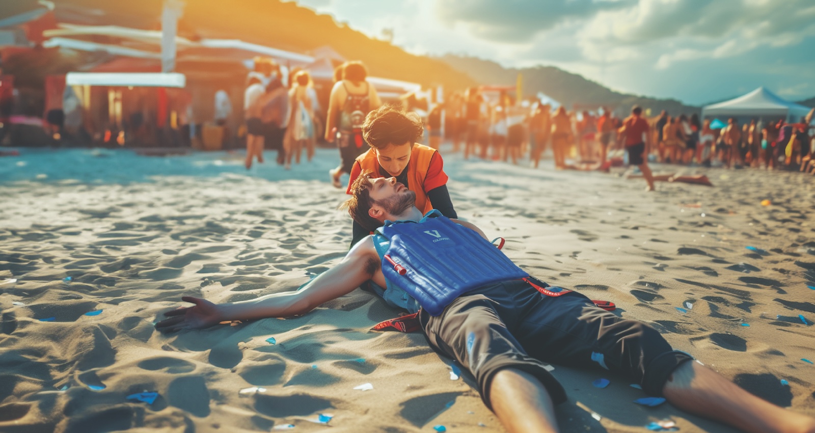 Man laying on beach wearing cooling vest while someone provides medical care