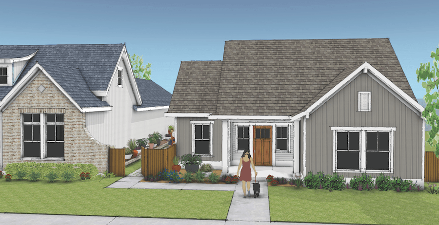 Front facade of a design for a home on a small lot by Larry Garnett .