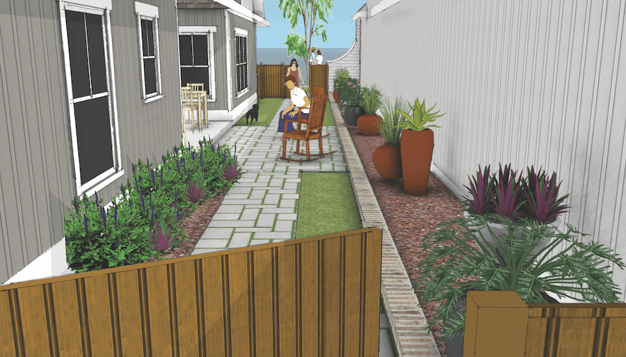 Side yard of Larry Garnett's design for a home on a small lot.