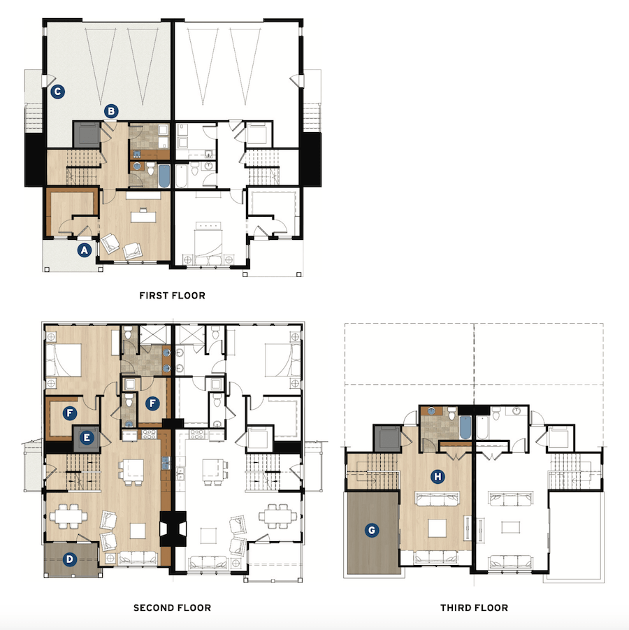 Floor plans for duplex homes by Scott Gardener Architect.