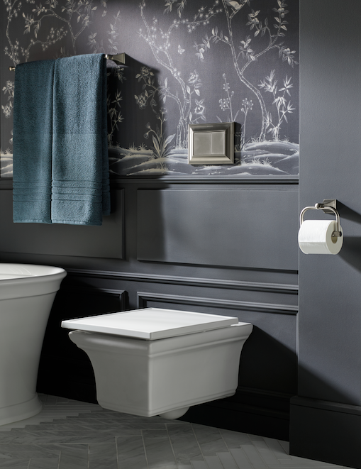 Kohler's wall-hung toilet has traditional, architectural touches