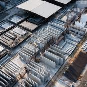 Aerial view of prefabricated walls in a factory