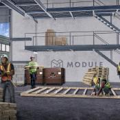Factory modular construction workers render drawing