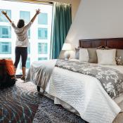 Split image of woman in hotel room and a family bedroom