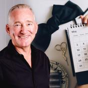Man's headshot in front of yearly calendar stock photo