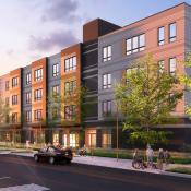 Rendering of mixed-use affordable housing community The Downs in Maine