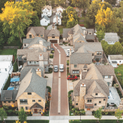 Aerial view of the Downton Walk infill development in Saratoga Springs, N.Y.