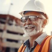 Smiling home builder aged over 60 on jobsite