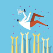 Graphic of hands raising up person holding a trophy for best customer experience