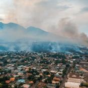Maui, Hawaii, brush fire aerial view with billowing smoke