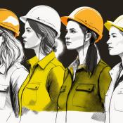 Graphic depicting row of women in vests and hard hats