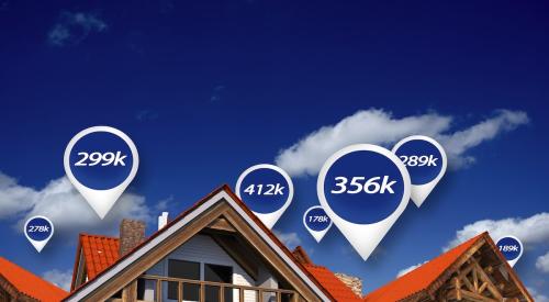 roofline of neighborhood with bubbles showing different home prices floating in the sky above