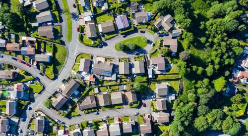 An aerial view of a suburban neighborhood