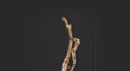 In collaboration with WUX Luxury Furniture, PullCast designed the Flow door pull (shown, in polished brass) and Nouveau drawer handle for its Earth Collection, to offer organic shapes that convey sophistication, movement, and “the fine art of detailing,” the manufacturer says. Flow is styled like a tree branch, while Nouveau replicates the look of flowing water.