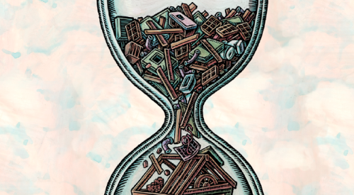 hourglass with building components in place of sand as home builders seek to reduce costs and cycle time
