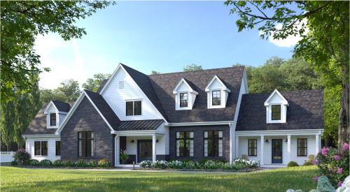 Rendering featuring Versetta Stone panelized stone siding (Tight-Cut profile in Northern Ash) and TruExterior poly-ash siding