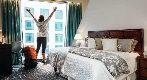 Split image of woman in hotel room and a family bedroom