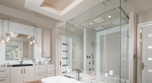 In The New American Home, high-tech showers, shapely tubs, and elegant fittings and fixtures throughout the home are by Kohler, offering spa-caliber comforts and a softer take on modern style.