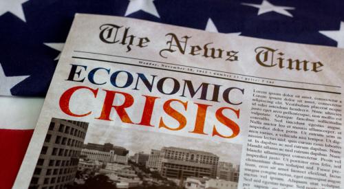 A newspaper headline reads, "Economic Crisis."