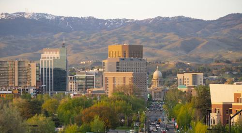 Boise, Idaho, with Capitol building and mountains in the distance