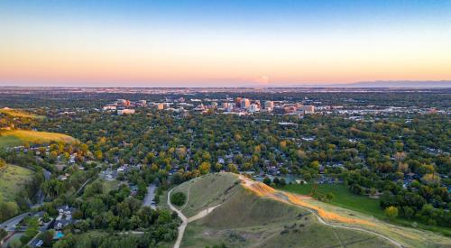 Aerial view of downtown Boise Idaho and surrounding housing market