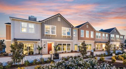 Exteriors of the Solstice townhomes at New Haven in Ontario Ranch, Calif., by Brookfield Residential