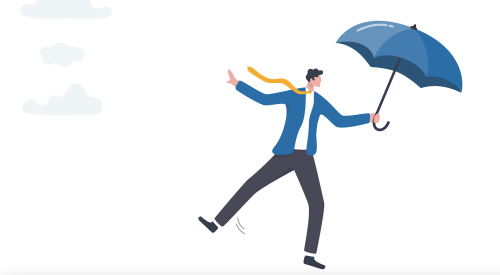 Man floating with umbrella shows agility in avoiding business chaos