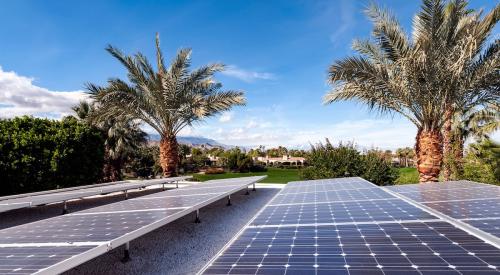 Solar panels on rooftop in California next to palm trees