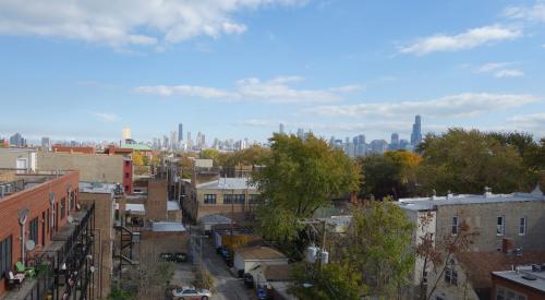 View of Chicago skyline from suburb