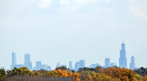 Chicago skyline view from suburb
