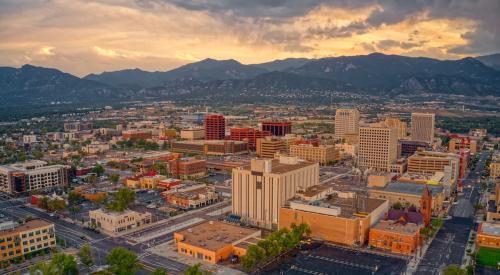 Aerial view of Colorado Springs at sunset