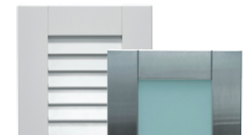Two examples of Danver Stainless Outdoor Kitchens' new line of cabinet door styles: louvered and green glass insert.