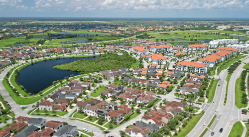 Aerial view on a sunny day of a master planned community in Florida