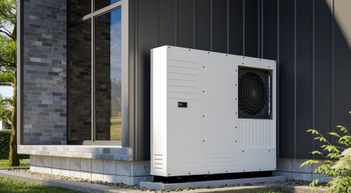 Heat pump installed next to outside wall new single-family home