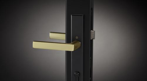 To complement its VistaLuxe collection, Kolbe Windows & Doors launched the two-tone Dallas handleset (shown) for in-swing entrance doors. The Brushed Gold lever complements a Matte Black key cylinder, turn knob, and escutcheon. Kolbe also unveiled the Ashlar crank-out handle for casements and awnings, in Matte Black, Rustic Umber, Satin Nickel, and White finishes.