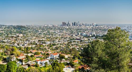 LA suburb and city in background seen from Hollywood Hills