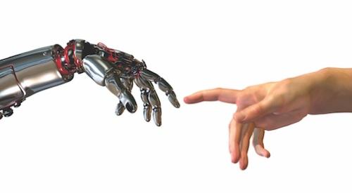 Robot hand (new technology) touching finger with human hand (old tech)