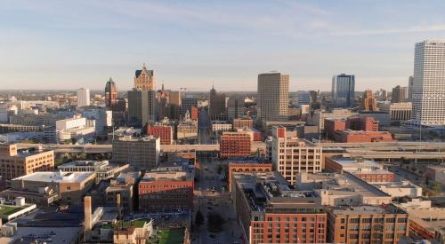 Aerial view of downtown Milwaukee at dusk