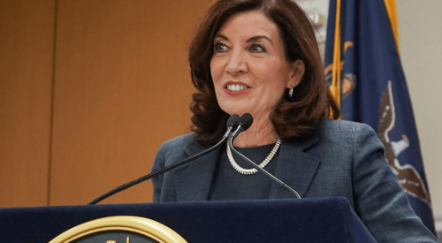 New York Governor Kathy Hochul at MTA Board Meeting in April 2022