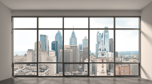 Looking at Philadelphia skyline from an apartment that was converted from an office building