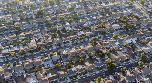 Aerial view of residential housing neighborhood