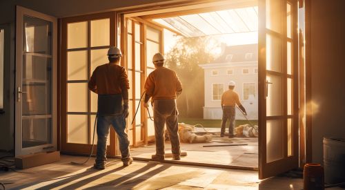 AI image of residential construction workers building house in late afternoon