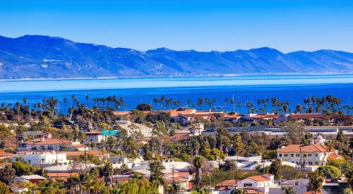 Aerial view of Santa Barbara housing market and bay 
