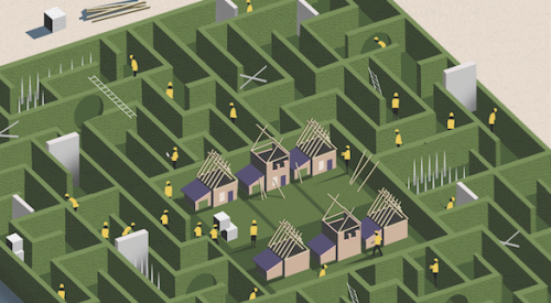 Aerial view of a home building maze